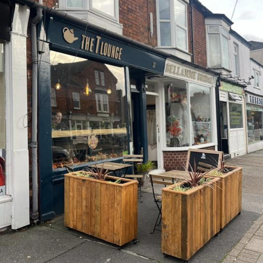 Image shows the outside of The T Lounge café on Burton Road, Lincoln.