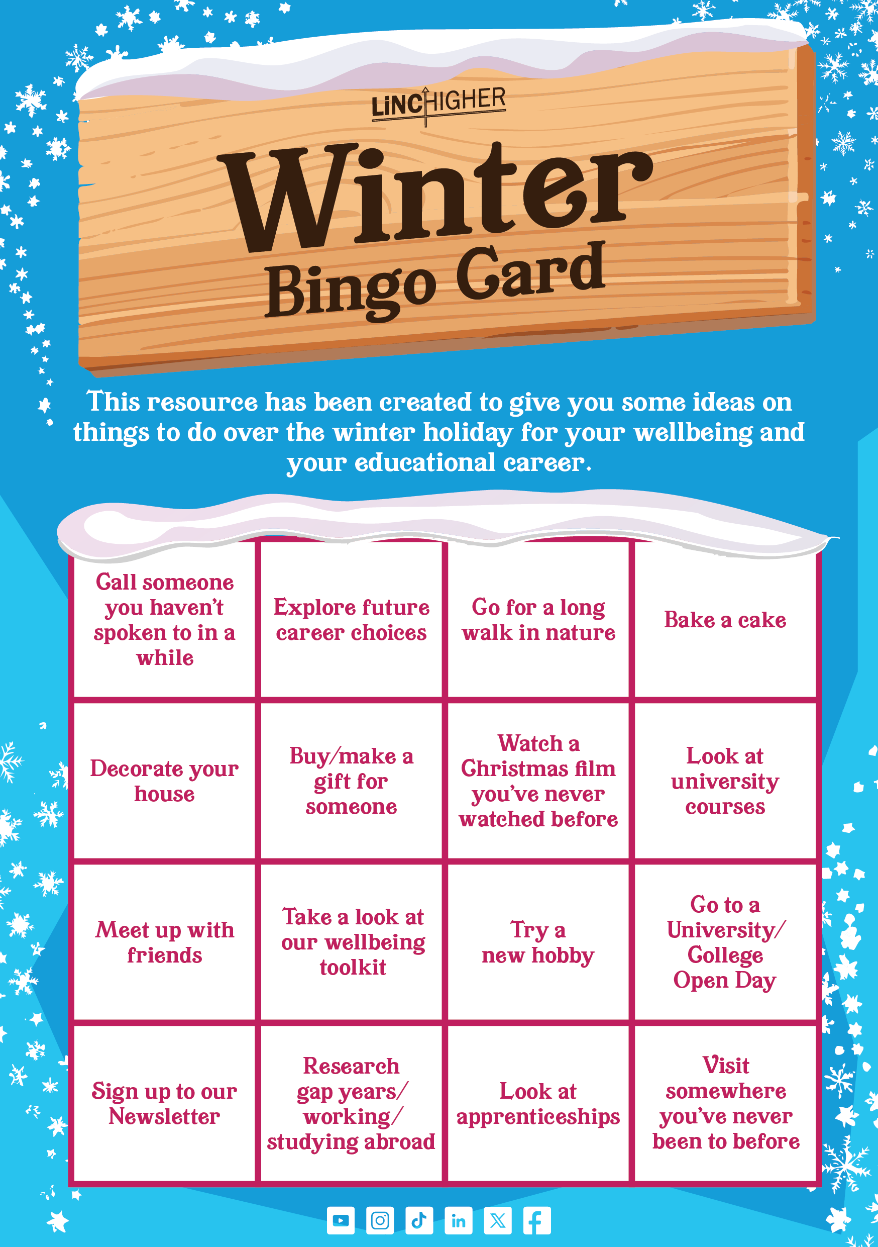 Image shows the LiNCHigher winter bingo card.